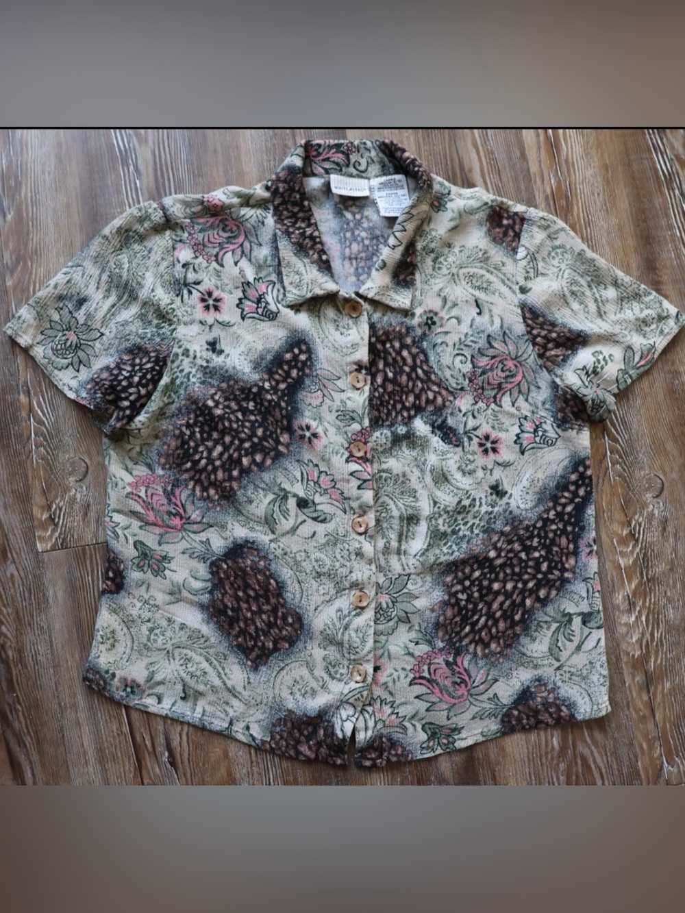 Vintage Crinkle Floral Paisley Button Up Short Sleeve Shirt Boho Womens Medium